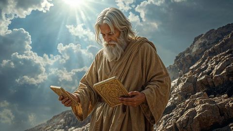 Elderly moses sage studying golden texts on rocky mountain slope