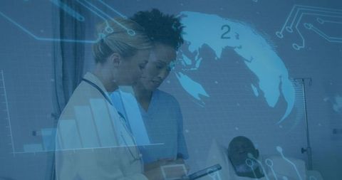 Healthcare professionals reviewing patient data with global technology interface