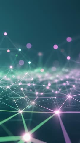 Vertical video forming neon node mesh in teal and purple, futuristic connectivity animation