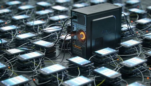 Device farm charging and testing stacked smartphones with central server controller hub