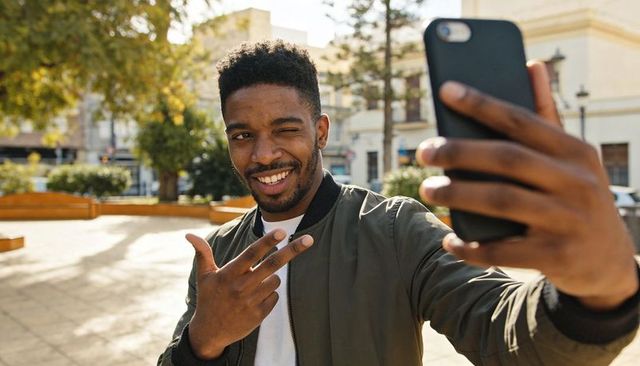 Young man winking while taking selfie in sunlit urban plaza