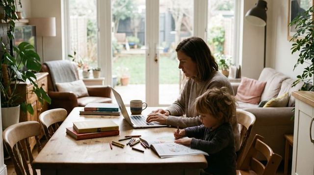 Working parent balancing remote work and child coloring at cozy dining table