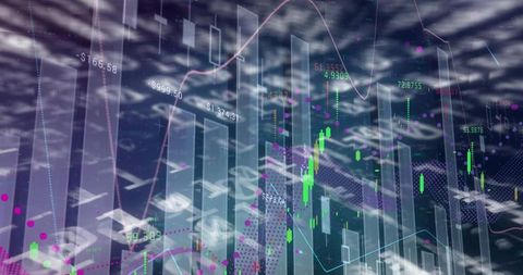 Futuristic financial dashboard displaying translucent charts and green candlestick uptrend