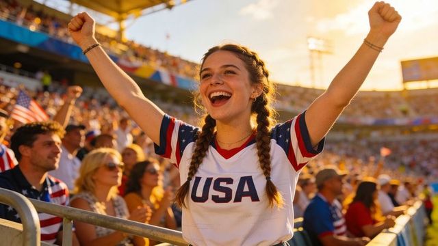 Young woman celebrating at stadium wearing usa jersey raising arms during golden hour