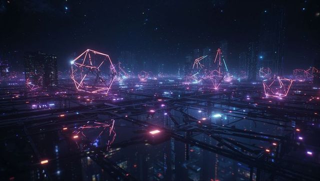 Futuristic neon wireframes amid digital ud cityscape