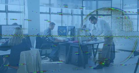 Open-plan team collaborating with standing man leaning over desk, glitch overlay and screens