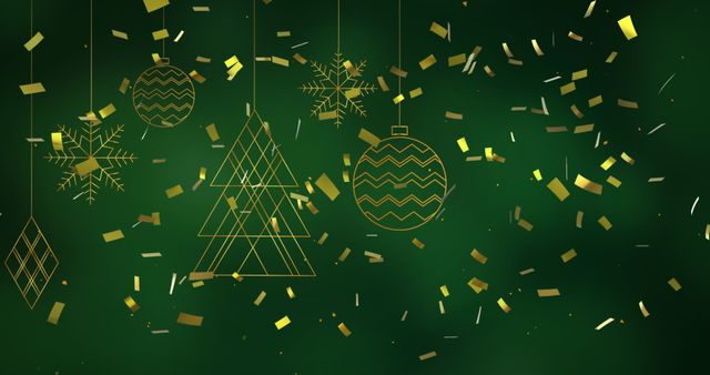 Golden Confetti Falling Against Hanging Christmas Decorations on Green Background - Download Free Stock Images Pikwizard.com