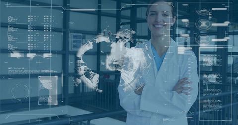 Smiling scientist with holographic globe in futuristic laboratory