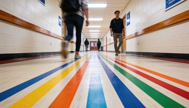 Students walking down colorful striped school corridor leading dynamic vanishing point