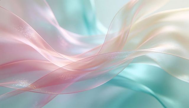 Flowing iridescent ribbons in teal and rose with pearlescent shimmer and ethereal glow