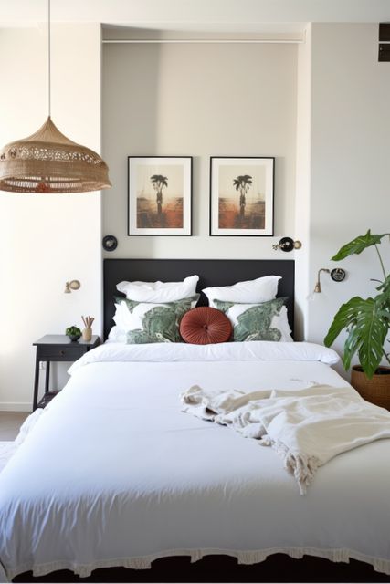 Stylish bedroom decorated with neutral colors and minimalist elements featuring palm tree art on the wall above the bed. Perfect for use in articles about home decor inspiration, minimalist living, and bedroom design ideas.