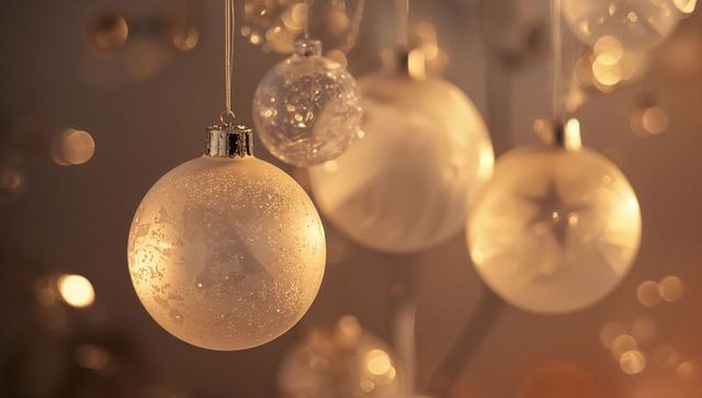 Golden frosted holiday baubles hanging with warm bokeh lights and glitter texture