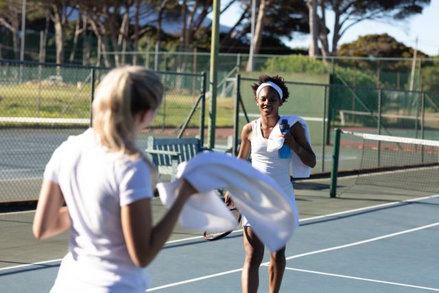 Smiling african american female tennis player walking towards caucasian athlete at court. unaltered, sport, competition and tennis game concept.