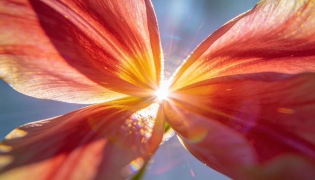 Sunlit red-orange petals radiating warmth with dew drops, sunburst and colorful lens flare