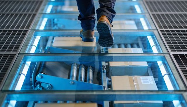 Warehouse Worker Walking on Glass Catwalk Above Automated Conveyor with Packed Boxes
