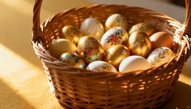 Glowing sunlit easter basket holding gilded and hand-painted floral eggs on golden table