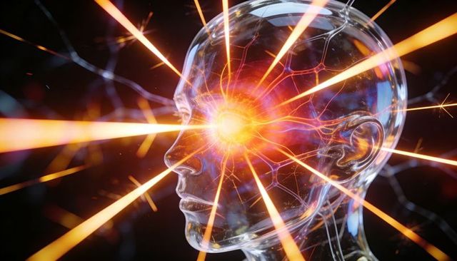 Translucent humanoid head emitting neural energy beams from glowing forehead core