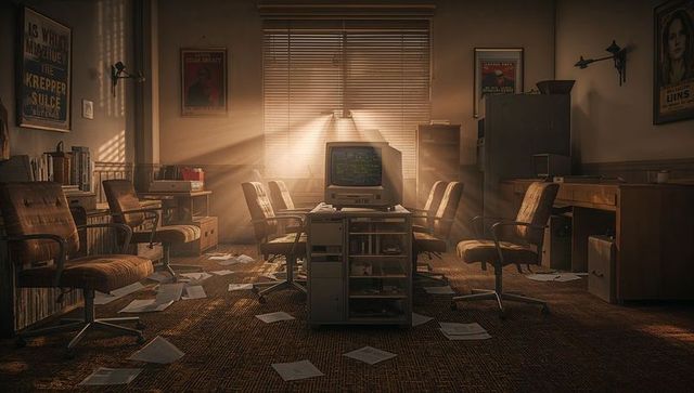 Sunlit retro office with crt computer displaying green text, scattered papers, vintage chairs