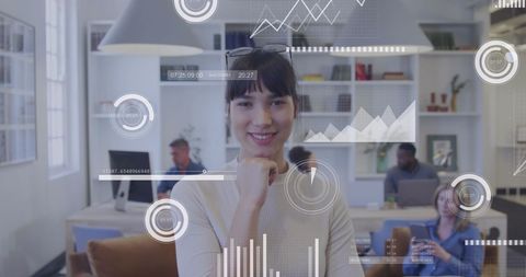 Confident Businesswoman Surrounded by Digital Data Interface