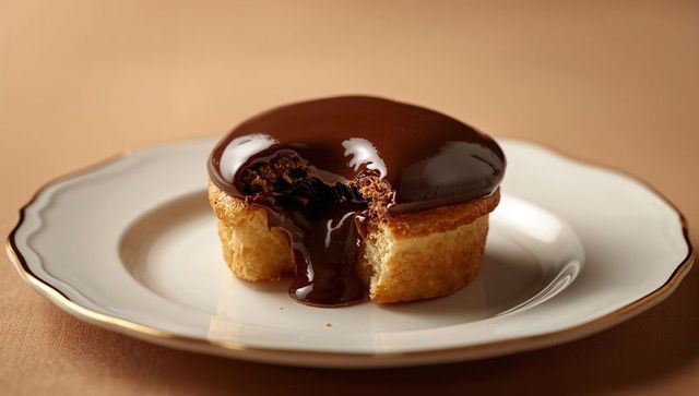 Glossy chocolate ganache overflowing buttery tartlet on porcelain plate gold rim