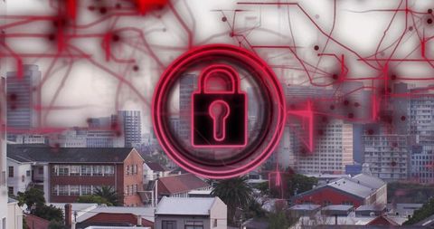 Neon padlock above urban skyline symbolizing cybersecurity, network connectivity