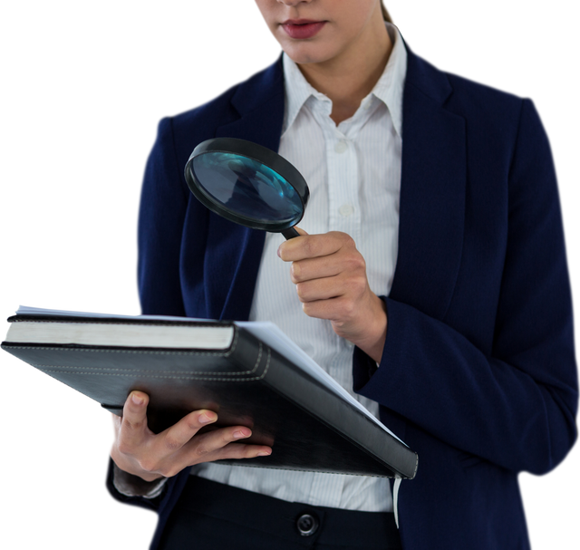 Transparent Businesswoman Analyzing Document with Magnifying Glass - Download Free Stock Videos Pikwizard.com