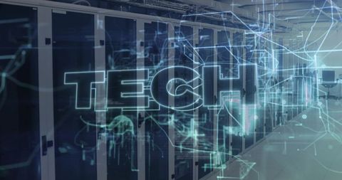 Data center server room with glowing tech overlay