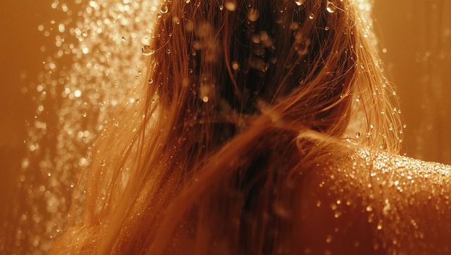 Soothing Shower Serenity with Golden Water and Glistening Hair