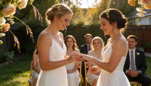 Two brides exchanging rings during intimate backyard garden wedding at golden hour
