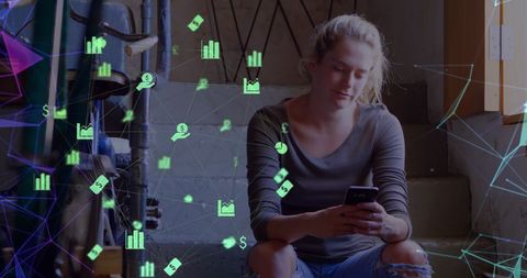 Woman Engaged with Smartphone Amidst Digital Connectivity Icons
