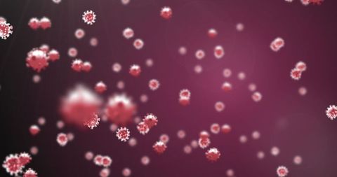 Microscopic Virus Cells Floating on Red Background