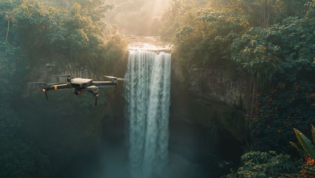 Compact drone filming waterfall in tropical gorge with sunbeams, mist and lush foliage
