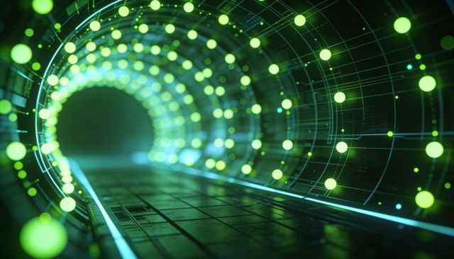Glowing neon data tunnel emitting green nodes visualizing high-speed digital network flow