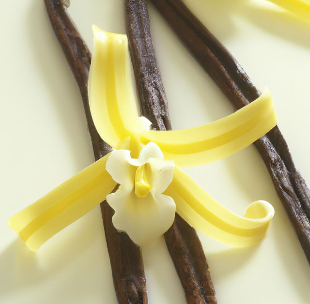 Beautiful close-up image highlighting the intricate details of a yellow and white orchid flower decoration positioned alongside natural vanilla pods. Useful for projects on baking, natural flavors, or herbal products. Ideal for websites, packaging design, and educational materials about vanilla.