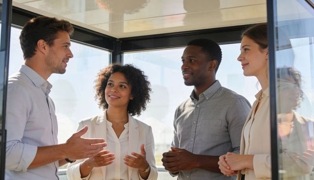 Diverse team collaborating in glass meeting booth during business casual discussion and planning
