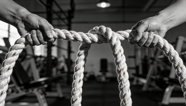 Gripping thick braided battle rope knot, black and white gym close-up showing strength