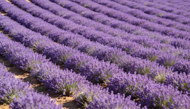 Lavender field blooming in neat diagonal rows under warm sunlight for rustic agriculture