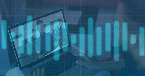 Man typing on laptop with teal waveform overlay during remote video call at home