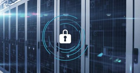 Cybersecurity Concept with Lock Icon in Data Center