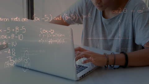 Student Typing on Laptop with Overlay of Mathematical Equations