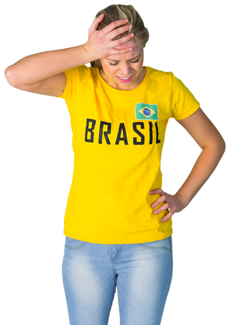 Disappointed Woman in Brasil T-shirt Using Hand on Head - Download Free Stock Videos Pikwizard.com