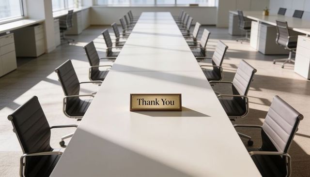 Thank you nameplate sitting on long white boardroom table with black chairs sunlit minimal