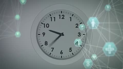 Digital Network Animation Overlaying Analog Clock Showing 8:10