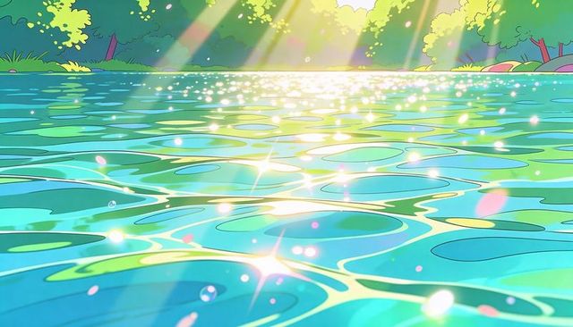 Sunlit turquoise pond with sparkling ripples, floating petals and radiant tree reflections
