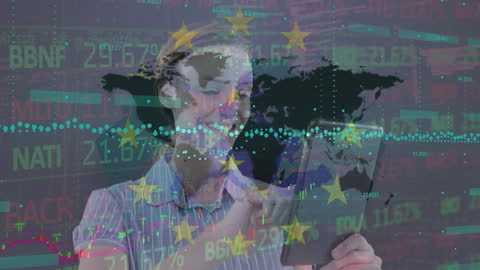 Businesswoman Using Tablet for Financial Data Analysis with EU Elements