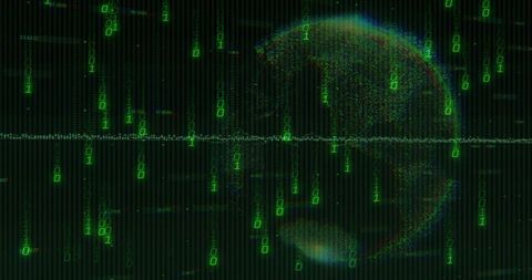 Glitch Neon Particle Globe Rotating with Green Binary Streams and Scanline Matrix Data