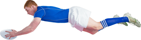 Transparent rugby player scoring try in mid-air action shot