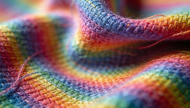 Closeup rainbow-striped knitted fabric showing vibrant yarn stitches, fibers and soft folds