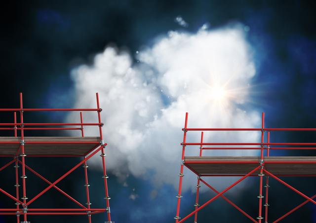 Illuminated cloud shines against dark sky backdrop, glimpsed through vibrant red scaffolding structures in artistic digital composite. Enhance projects related to construction themes, motivational designs, innovation posters, or abstract concepts.