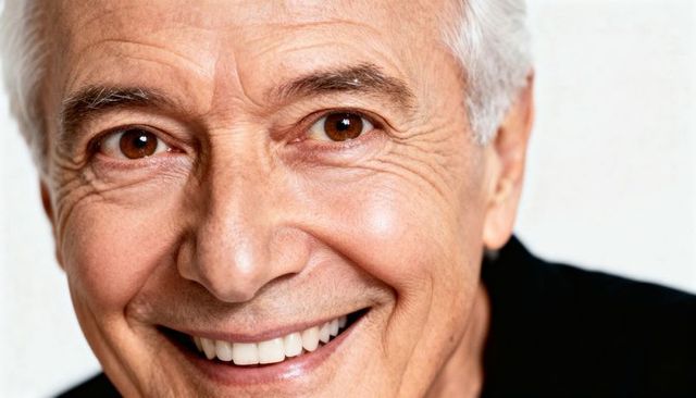 Warm smiling senior man with white teeth brown eyes closeup headshot